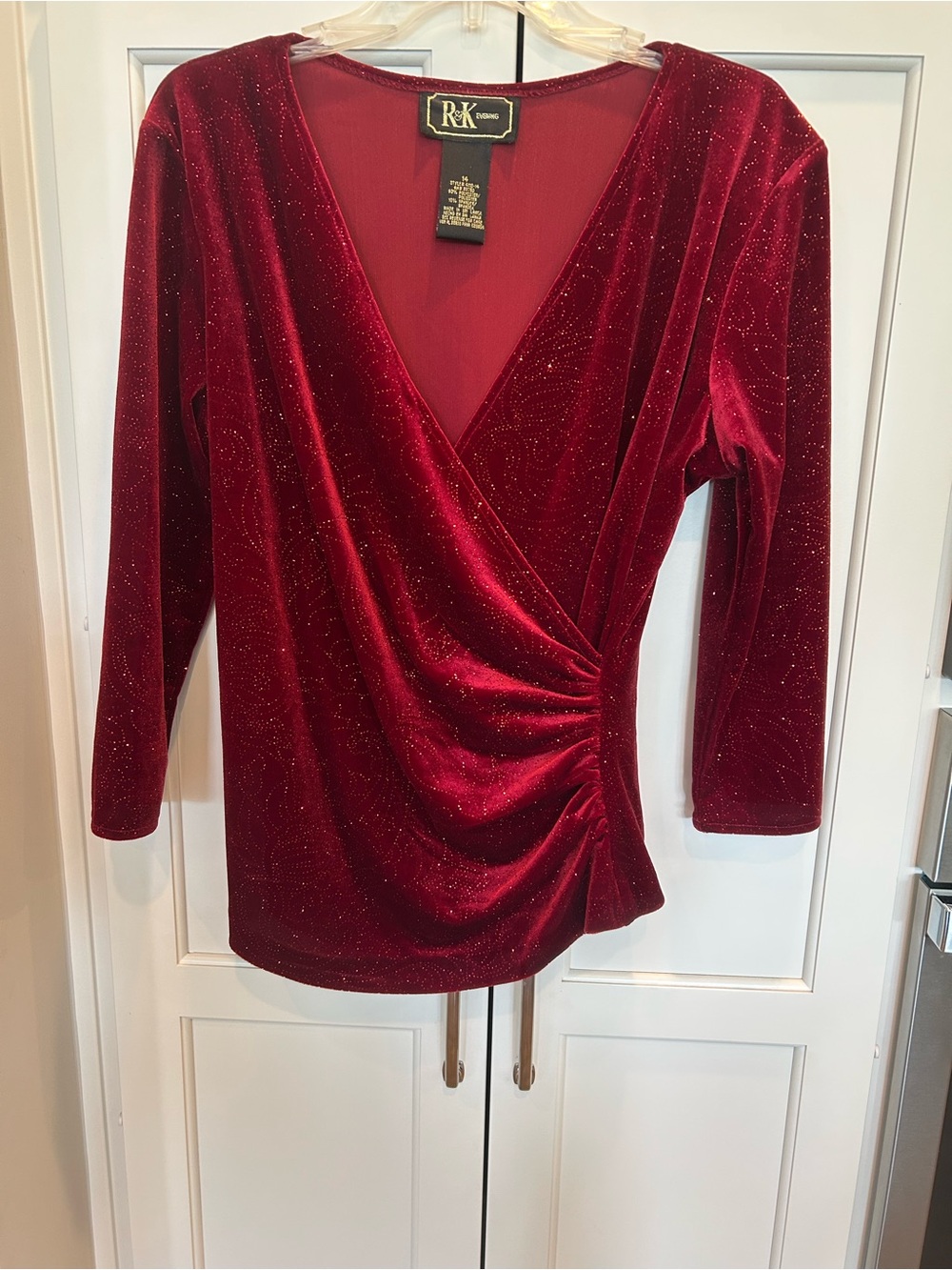 R&K Sparkle Velvet Wrap Blouse in Rich Red